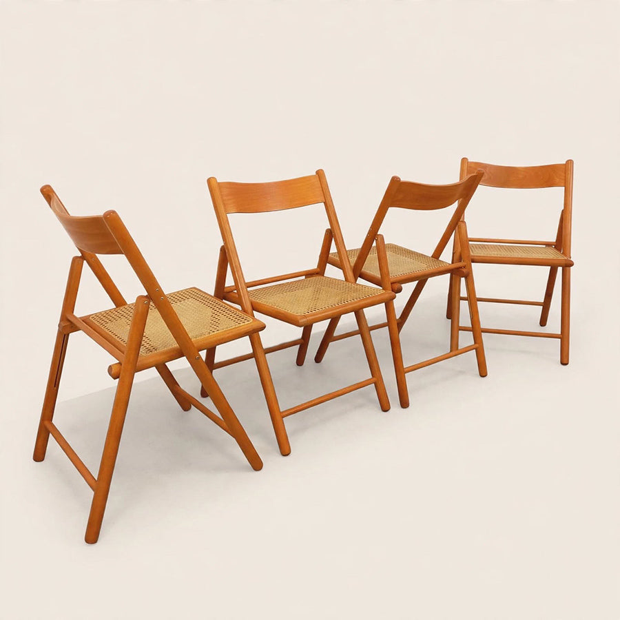 Set di 4 sedie pieghevoli vintage Habitat in legno di faggio e paglia di Vienna degli anni '80 -Top Design-
