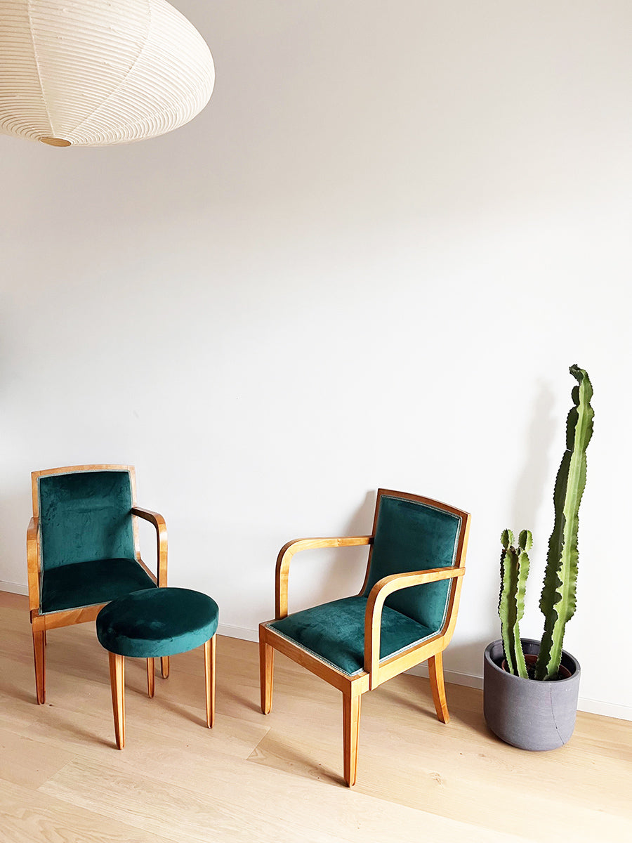 Trittico, Coppia di Poltroncine e Pouf in acero e velluto attr. Pietro Chiesa '50 -Top Design-