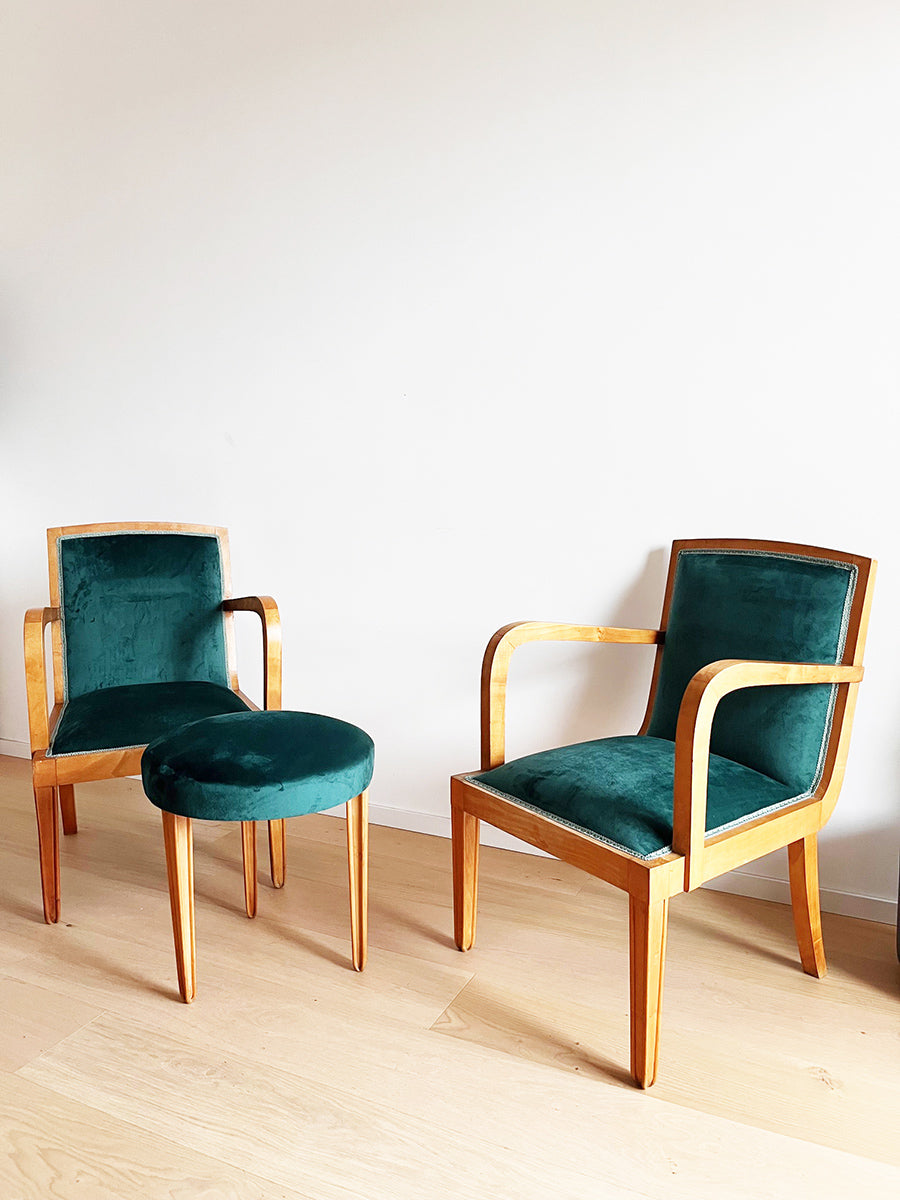 Trittico, Coppia di Poltroncine e Pouf in acero e velluto attr. Pietro Chiesa '50 -Top Design-