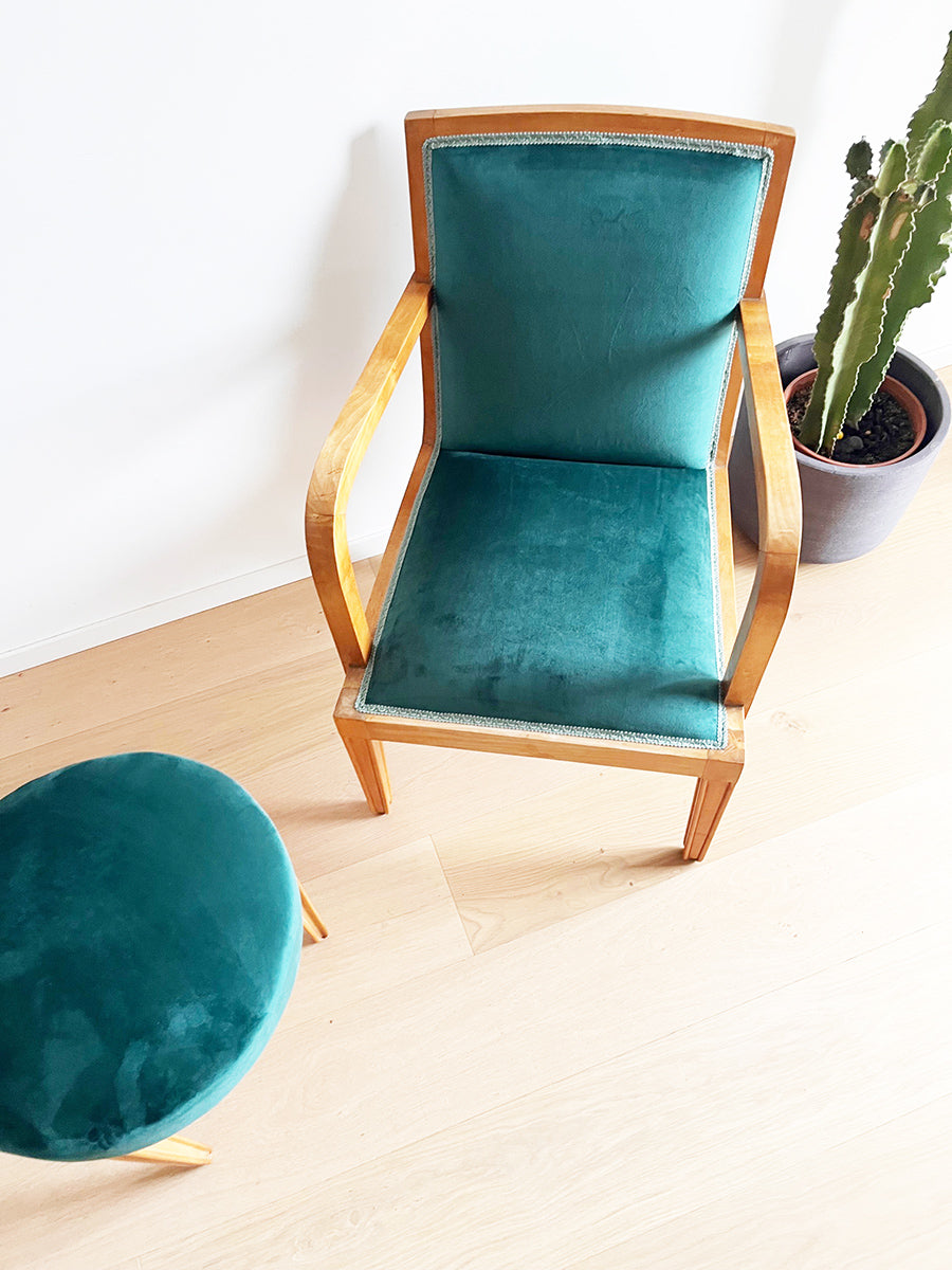 Trittico, Coppia di Poltroncine e Pouf in acero e velluto attr. Pietro Chiesa '50 -Top Design-