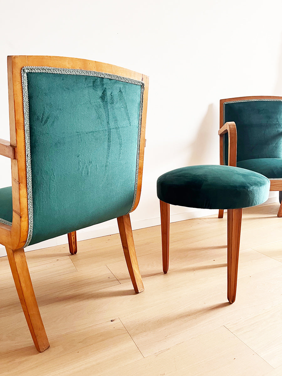 Trittico, Coppia di Poltroncine e Pouf in acero e velluto attr. Pietro Chiesa '50 -Top Design-