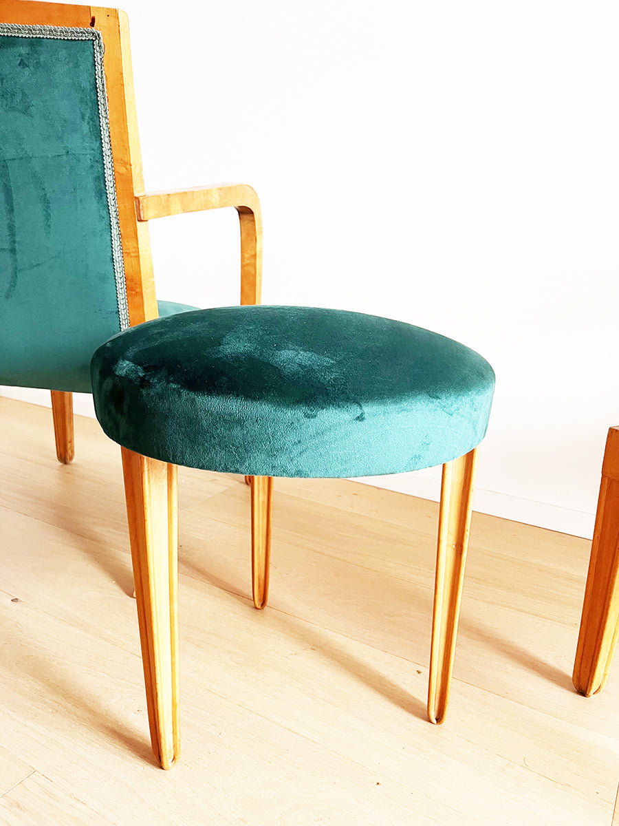 Trittico, Coppia di Poltroncine e Pouf in acero e velluto attr. Pietro Chiesa '50 -Top Design-