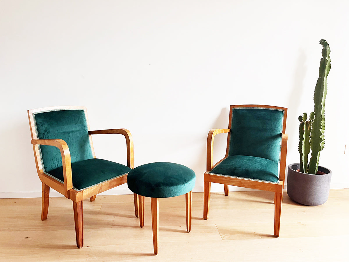 Trittico, Coppia di Poltroncine e Pouf in acero e velluto attr. Pietro Chiesa '50 -Top Design-
