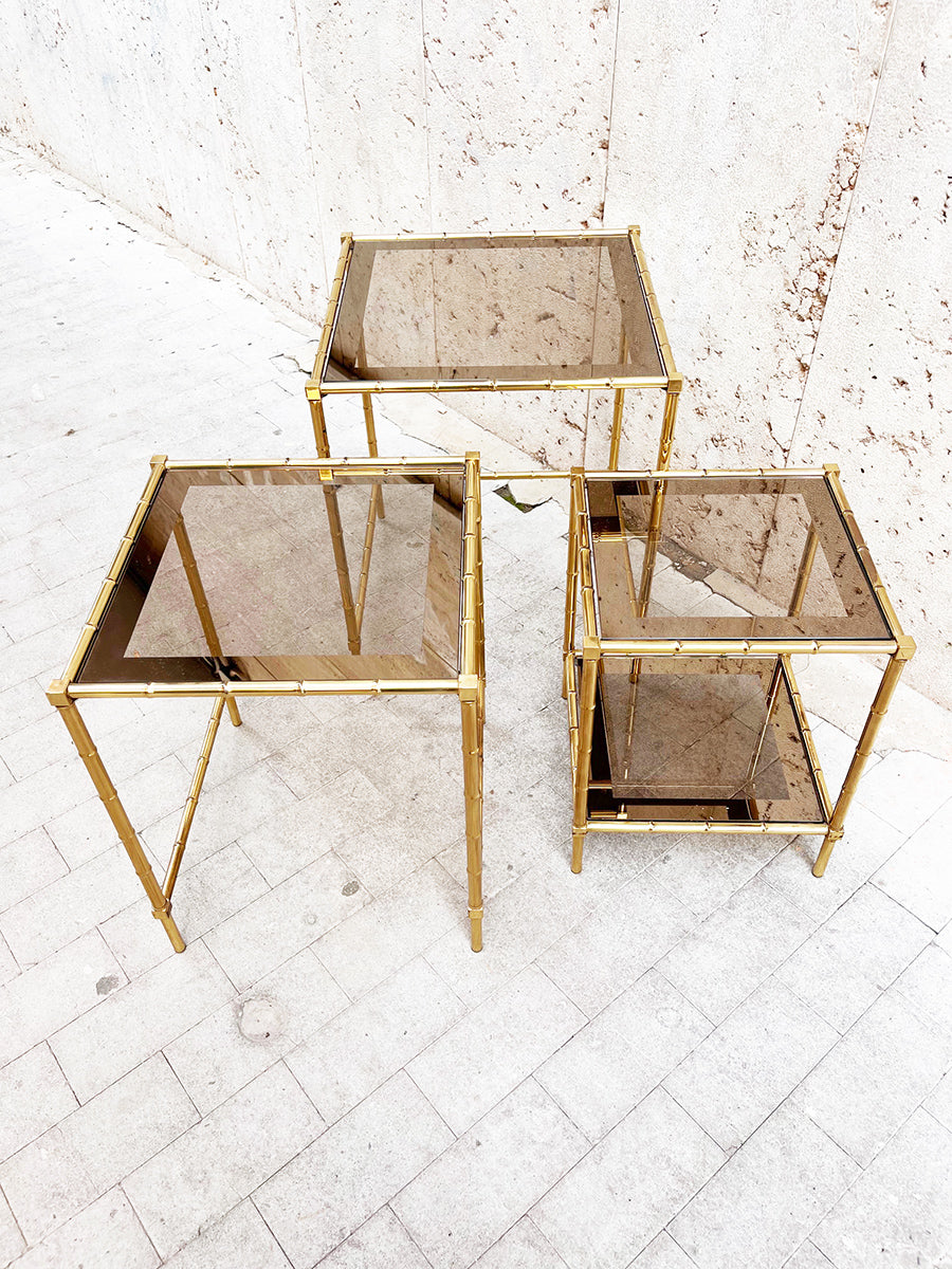 Set di n. 3 Tavolini in ottone Bambu' Vintage anni '70 -Top Design-