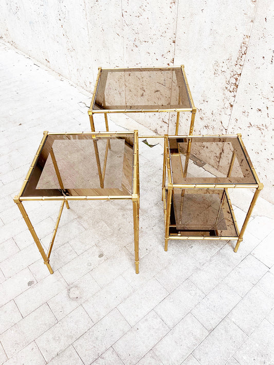 Set di n. 3 Tavolini in ottone Bambu' Vintage anni '70 -Top Design-