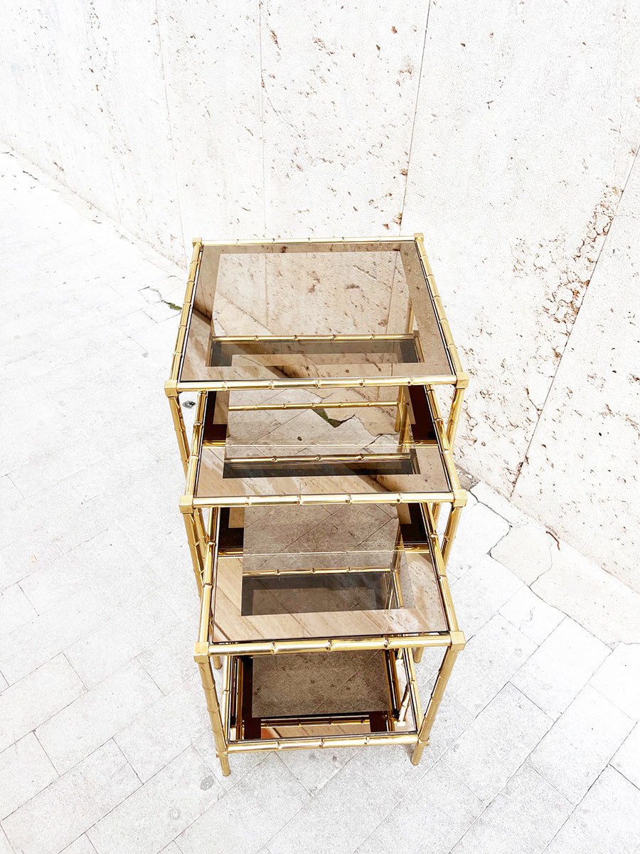 Set di n. 3 Tavolini in ottone Bambu' Vintage anni '70 -Top Design-