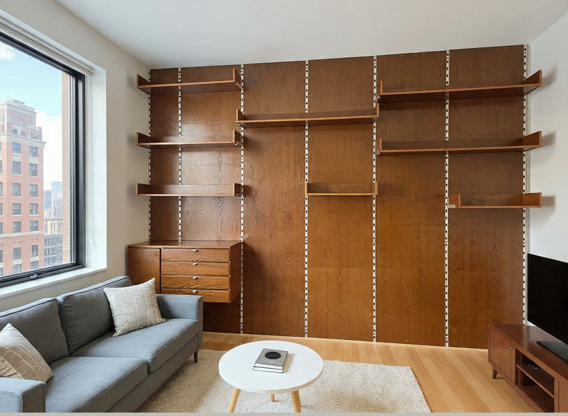 Libreria Boiserie in Legno e Metallo con elementi a sospensione Vintage anni '60 -Top Design-