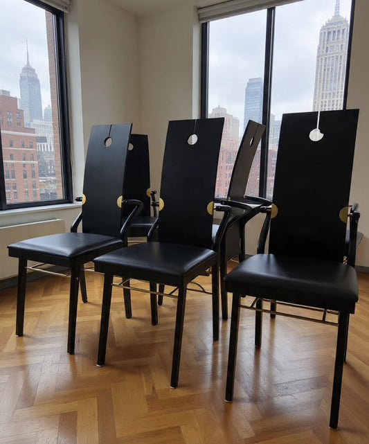 Pierre Cardin Set n. 6 Sedie Nere in pelle, legno e ottone, firmate sul retro '80 -Top Design-