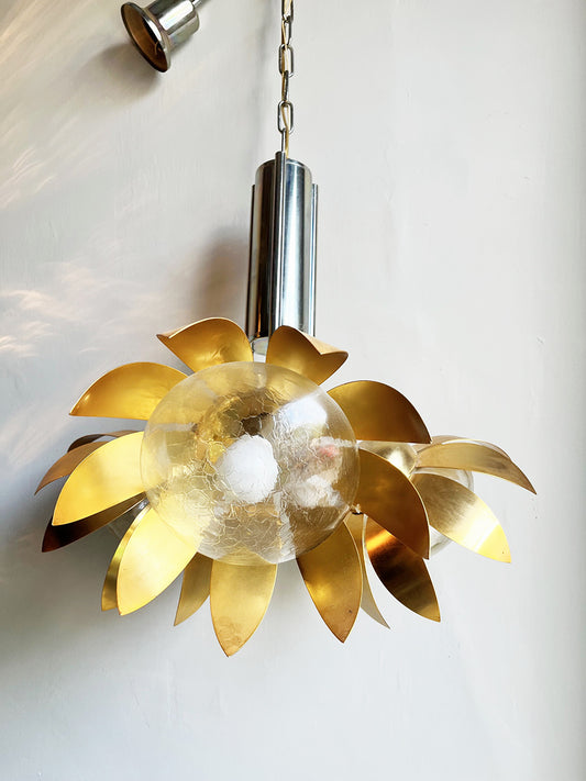Lampada a Sospensione Floreale Vintage anni '70 Ottone e Acciaio Cromo -Top Lighting-