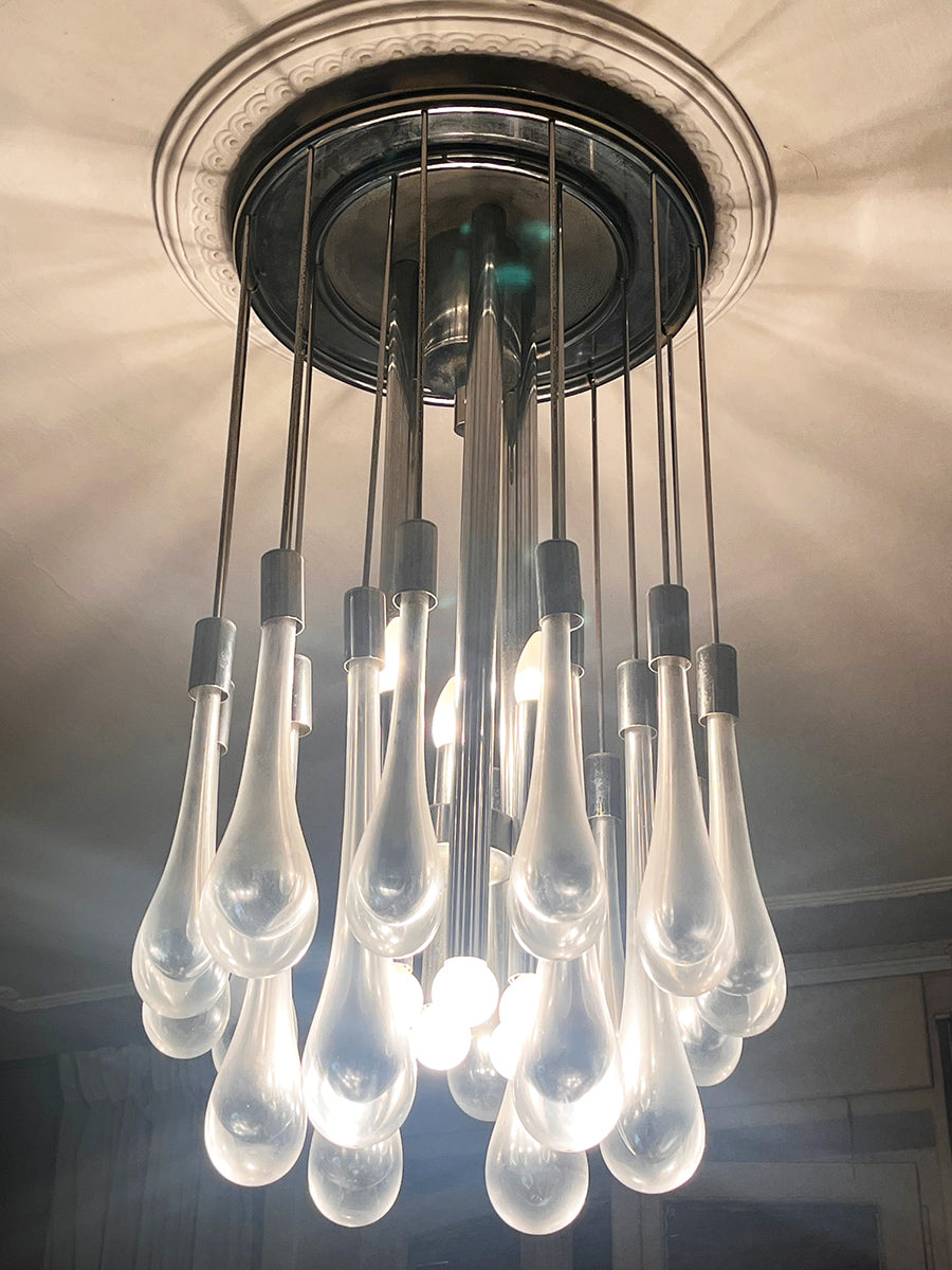 Venini Lampadario Acciaio Cromo e Vetri Murano Top Vintage '70 -Lighting-