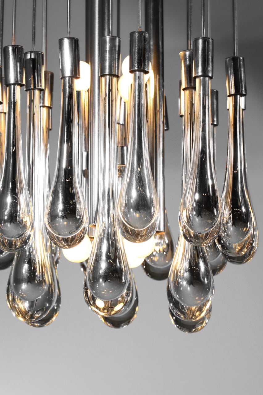 Venini Lampadario Acciaio Cromo e Vetri Murano Top Vintage '70 -Lighting-