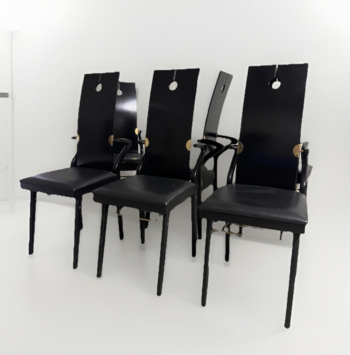 Pierre Cardin Set n. 6 Sedie Nere in pelle, legno e ottone, firmate sul retro '80 -Top Design-