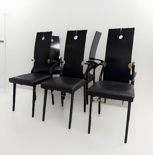 Pierre Cardin Set n. 6 Sedie Nere in pelle, legno e ottone, firmate sul retro '80 -Top Design-