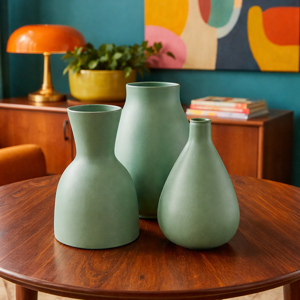 Trittico Vasi Verde Acqua firmati Italica Ars Firenze Anni '50 -Top Art-