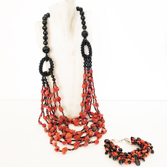 Parure Collana e Bracciale Corallo Sardo e Onice Vintage 1980 - Accessori -