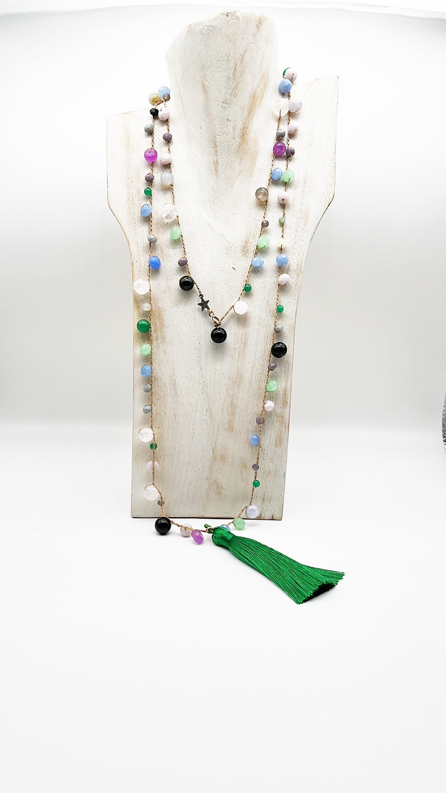 Collana Lunga Nappa Verde, Perle, Rubino, Quarzo, Arg 925 - Handmade Jewels -