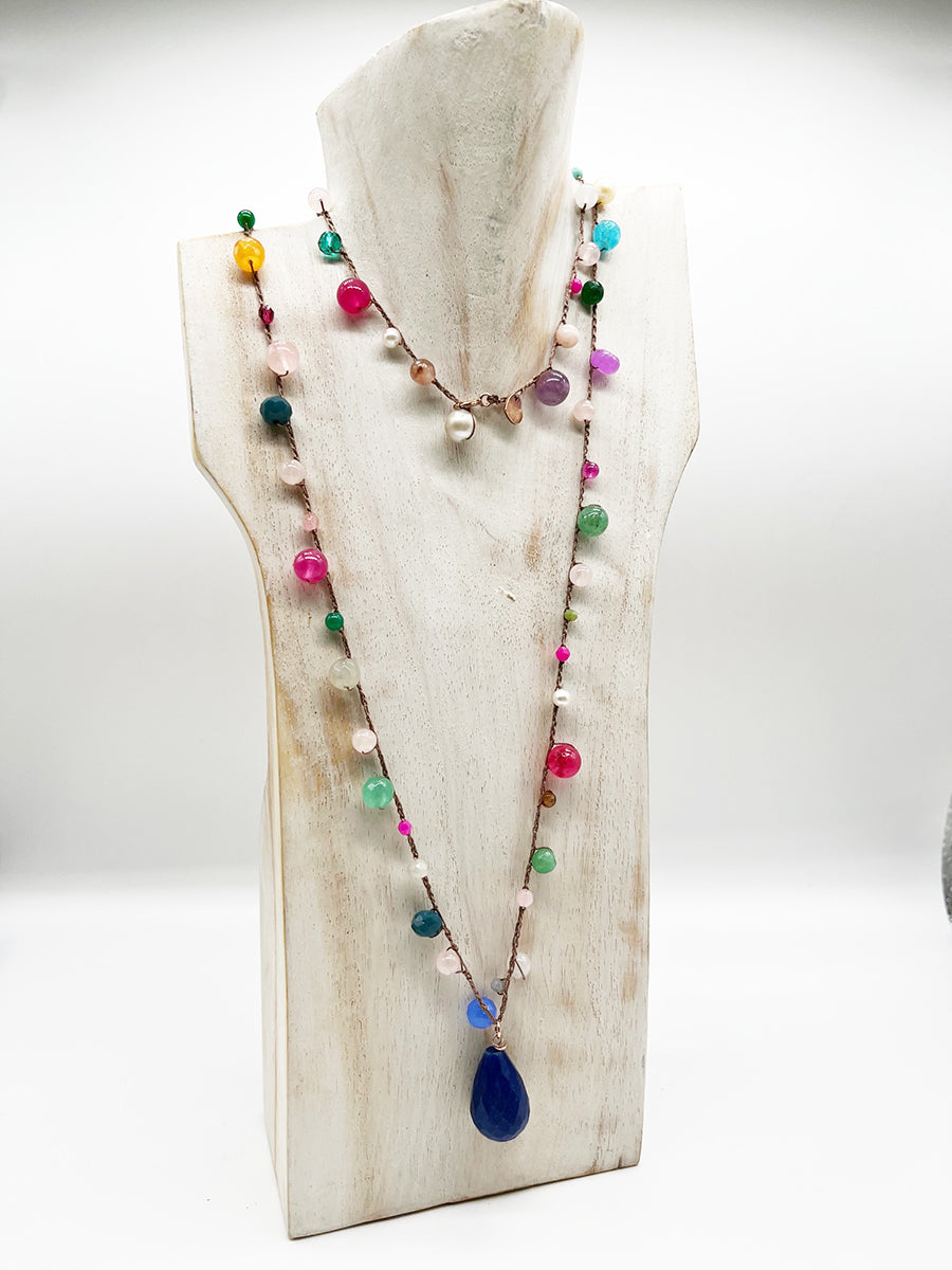Collana Agata Blu, Perle, Rubino, Quarzo, Arg 925 - Handmade Jewels -