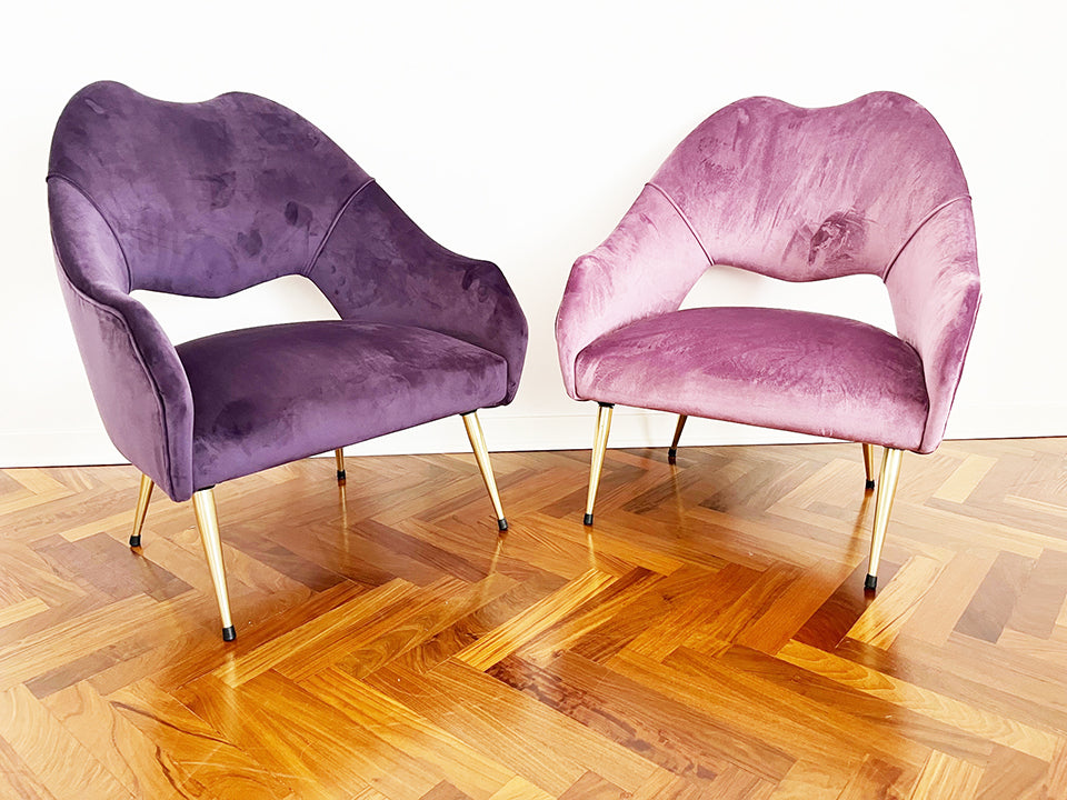Coppia Poltroncine "Lui & Lei" Velluto color Malva e Viola Top Vintage 1960 -Design-